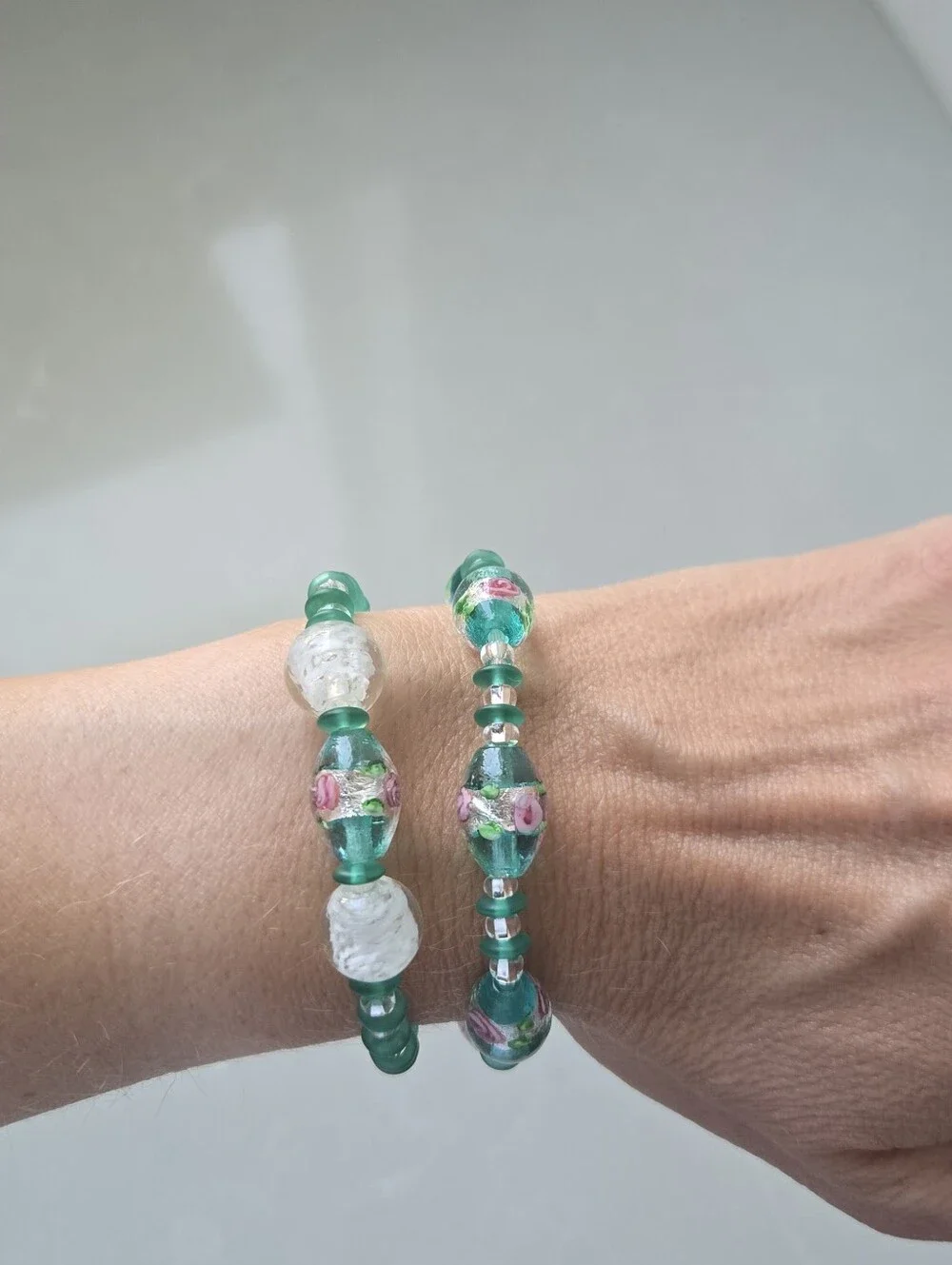 Handmade Vintage Hand Blown Glass Floral Bead Stretch Bracelet Set